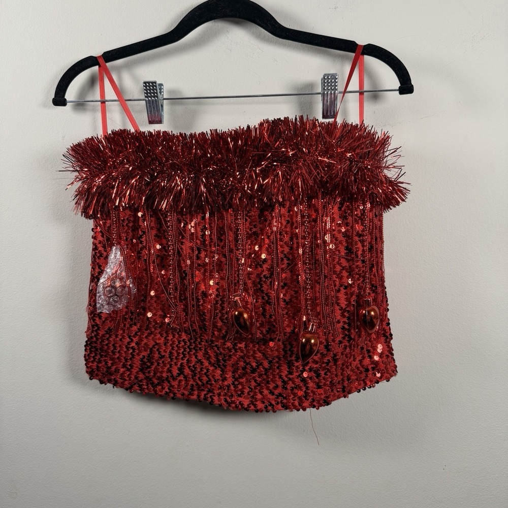 Red Fringe Tassel Light Bells Tube Top Size Large Christmas Mean Girls Santa